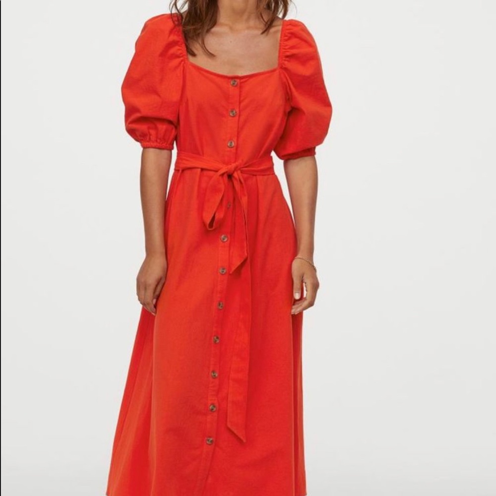 Red cotton midi dress crêped cotton fabric